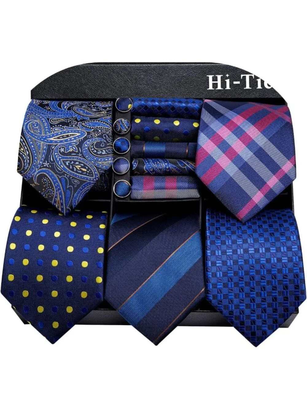 Men's Silk Tie Set with Pocket Square & Cufflinks - 5 Pcs Gift Box Collection